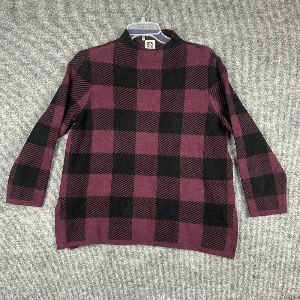 Anne Klein Burgundy/Purple and Black Plaid Knit Sweater Size Small